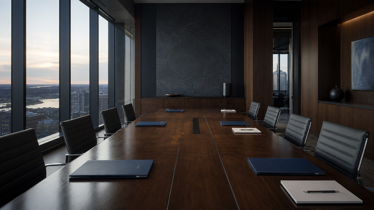 A quiet executive boardroom prepared for a strategic meeting at dawn